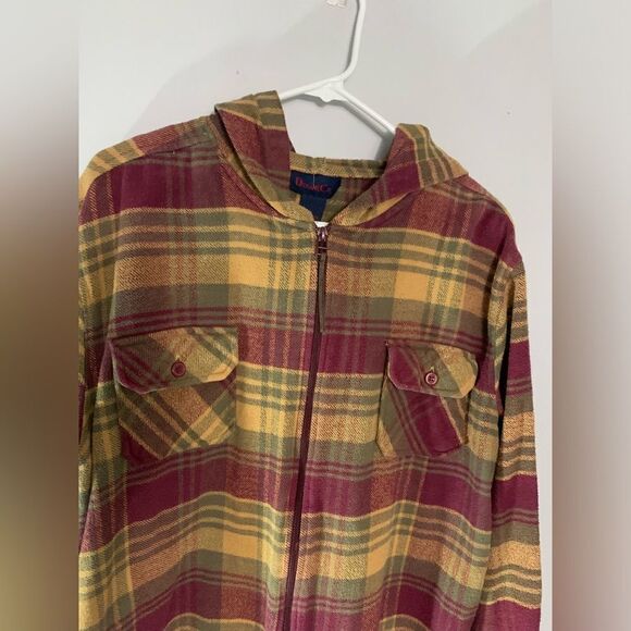 VTG Hooded Flannel Jacket Plaid Lightweight Multi color Size L Red Brown Yellow - Picture 4 of 7